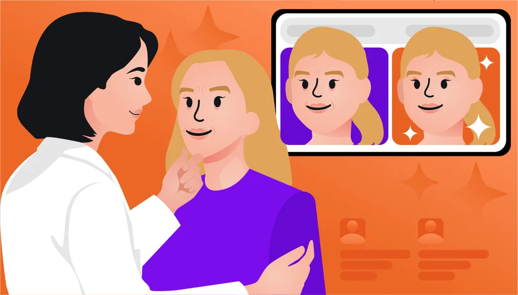 Profissional de estética avaliando uma paciente e ao fundo uma imagem de antes e depois da paciente dentro do fluxo digital em harmonização facial.