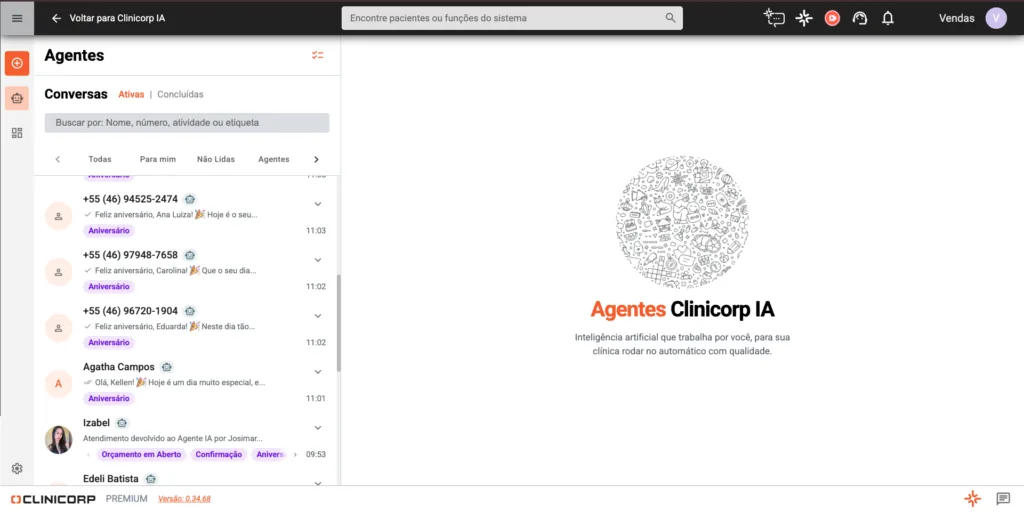 Férias para dentistas: imagem da tela do Agentes Clinicorp IA dentro do sistema Clinicorp.