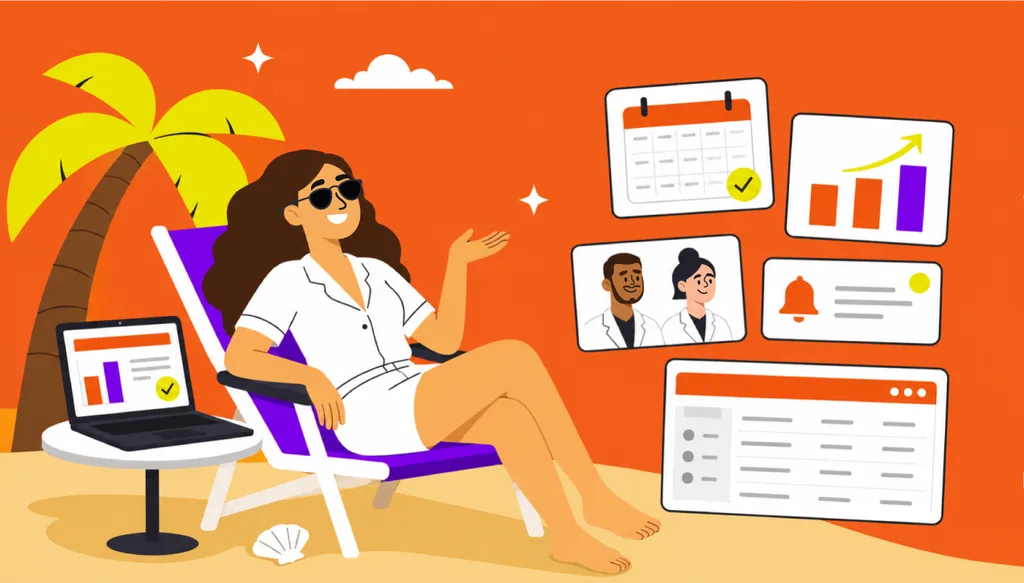 Ilustração de uma dentista de jaleco branco sentada em uma cadeira de praia, usando óculos escuros, com um notebook ao lado exibindo gráficos e indicadores. Ao fundo, ícones representando calendário, equipe, notificações e relatórios flutuam na tela, simbolizando a gestão da clínica à distância durante as férias.
