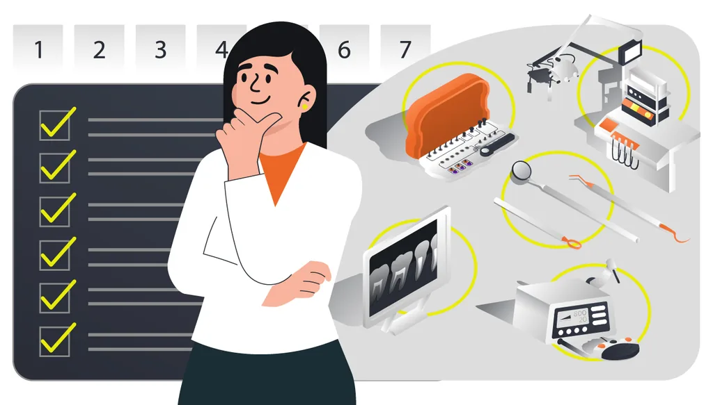 Imagem ilustrativa de uma dentista considerando os 7 fatores para escolher seus materiais para utilizar na rotina clínica. Elementos gráficos de produtos odontológicos estão flutuando ao lado dela.