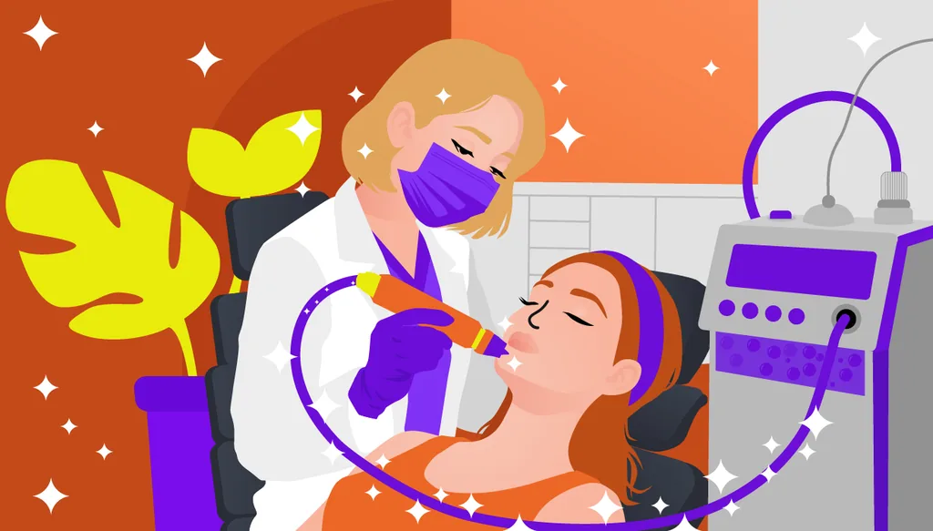 Ilustração de uma profissional de estética usando máscara e luvas realizando um procedimento facial em uma paciente deitada, com um aparelho estético ao lado.