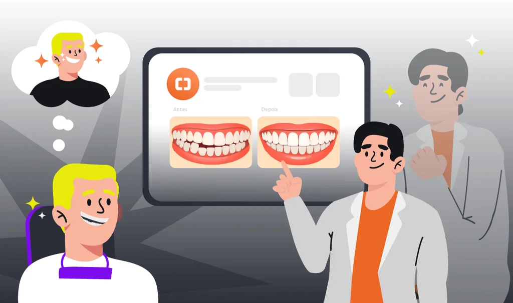 Planejamento ortodôntico: imagem ilustrada de dentista mostrando para o paciente o antes e o depois do tratamento ortodôntico.