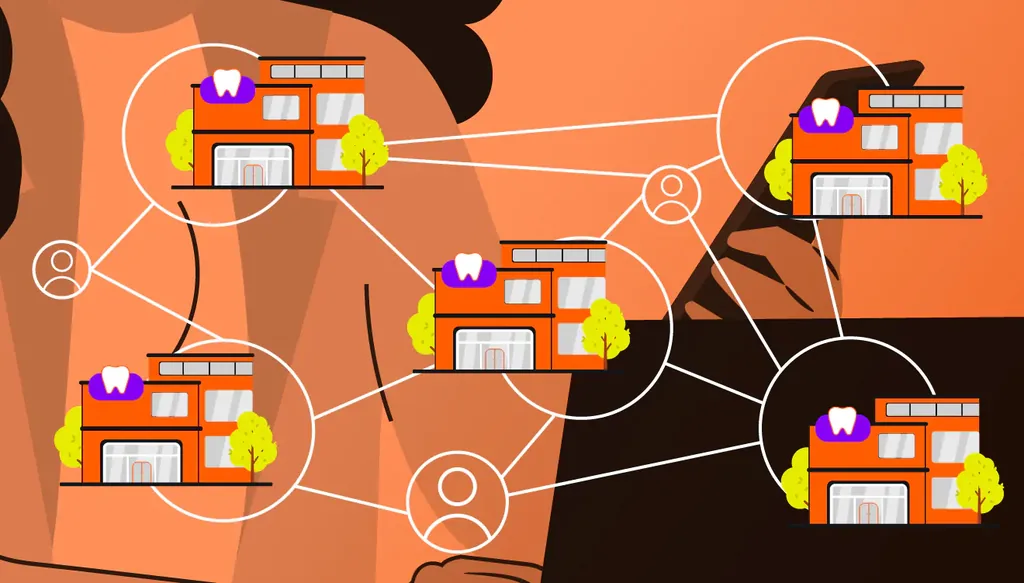 Ilustração de uma rede de clínicas odontológicas conectadas digitalmente, representando o uso de software para franquias na integração entre unidades, gestão centralizada e comunicação entre diferentes operações.