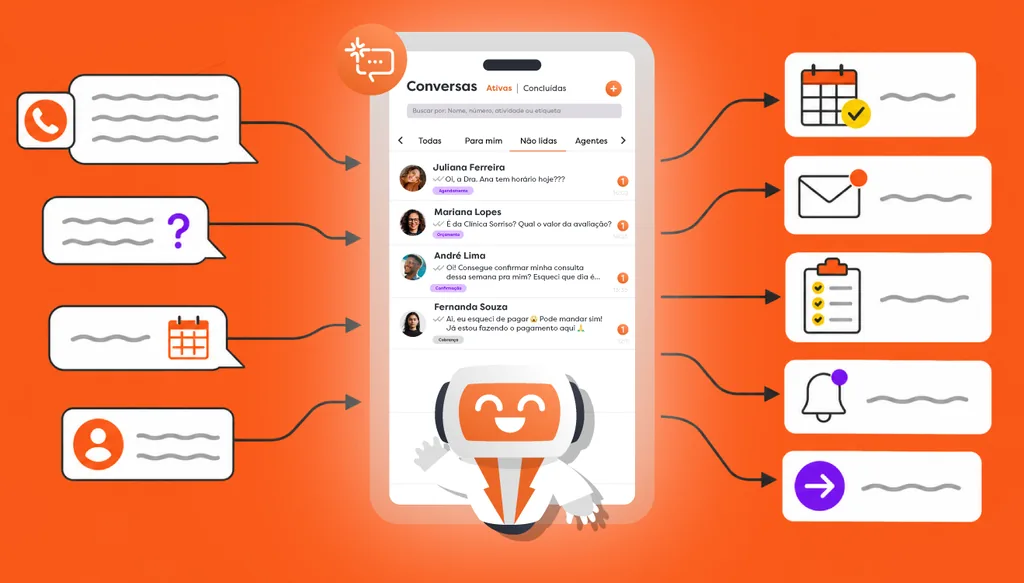 Ilustração da interface do chatbot para clínicas exibindo conversas automatizadas com pacientes sobre agendamento, orçamento, confirmação e cobrança.