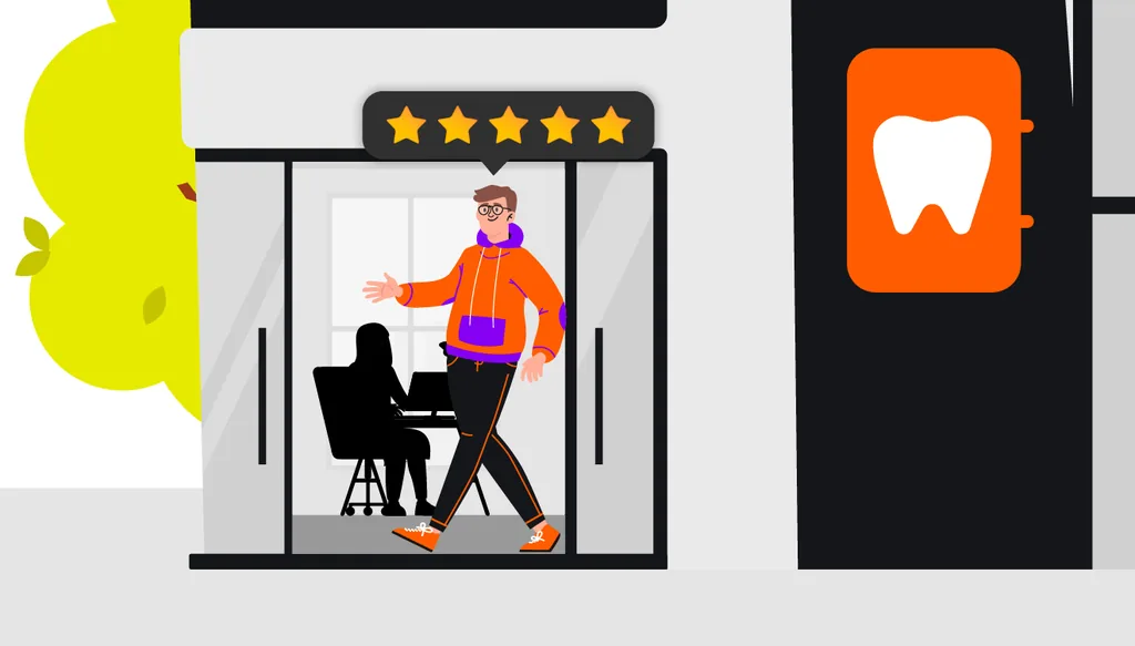 Fidelização de clientes: imagem ilustrada de cliente saindo satisfeito da clínica.