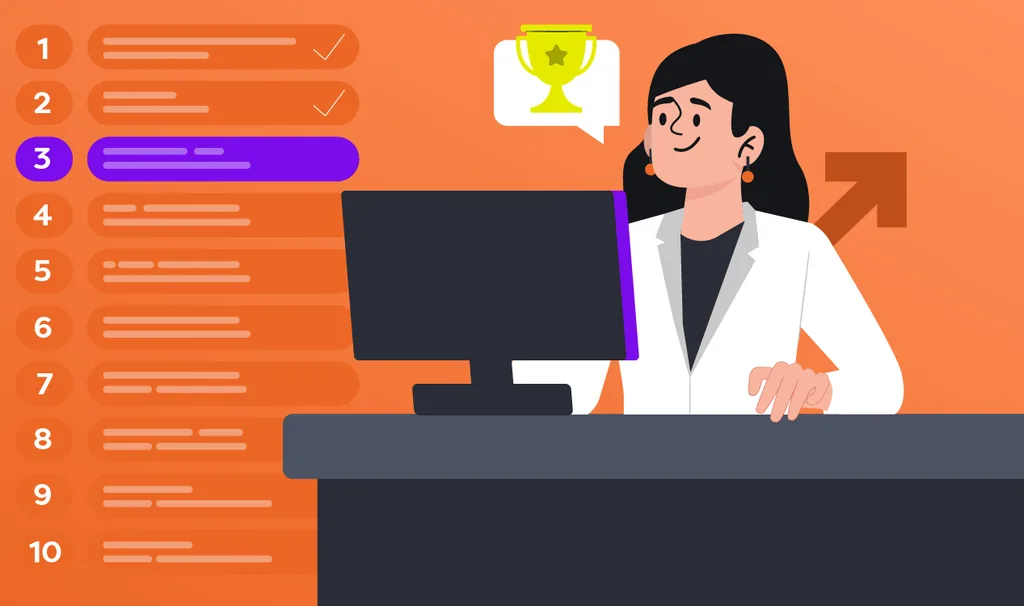Ilustração de profissional analisando ranking de tratamentos odontológicos em destaque, com símbolo de troféu e seta de crescimento representando as tendências do tratamento odontológico.