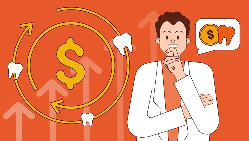 Como aumentar conversões clínica odontológica: imagem ilustrativa de uma dentista pensativa, ao lado de ícones de dinheiro e que remetem à odontologia.