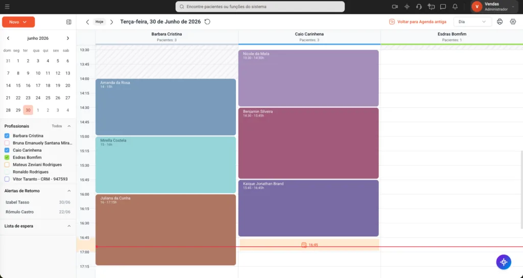 Tela da Agenda Inteligente do software odontológico Clinicorp.