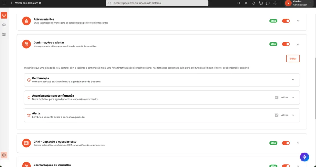 Tela da Confirmações automáticas de consulta e Alertas de Retorno do software odontológico Clinicorp.