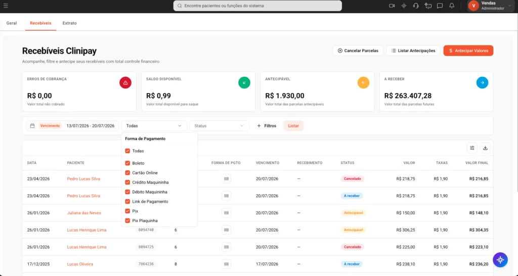Tela da plataforma financeira Clinipay do software odontológico Clinicorp.