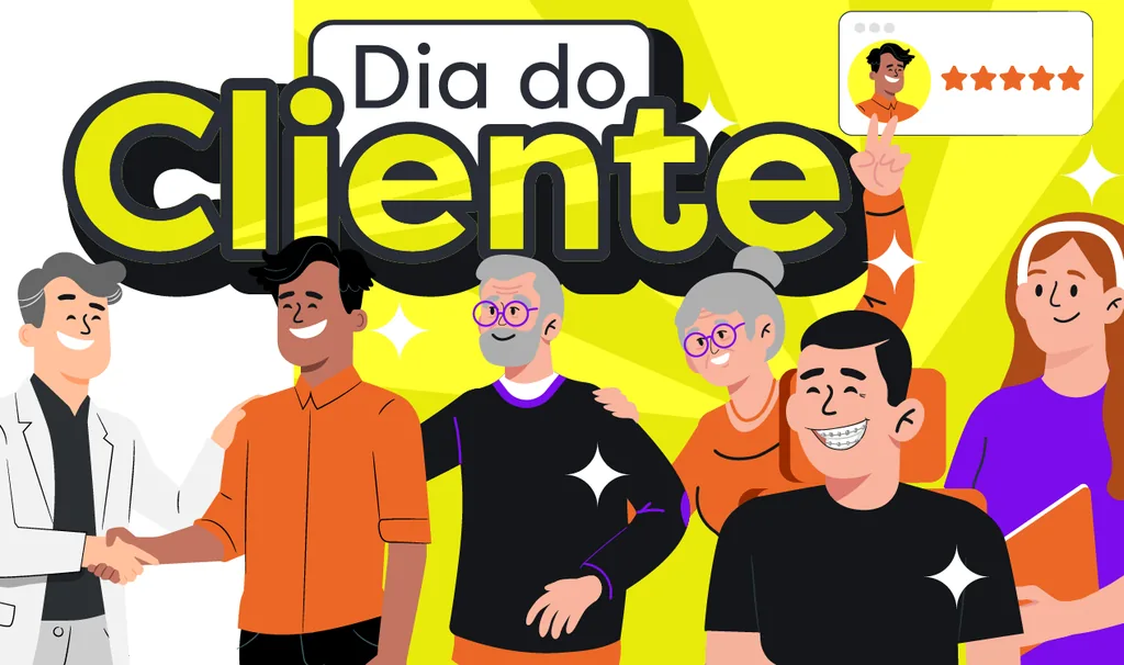 Dia do Cliente Odontologia. Imagem ilustrativa de um dentista dando um aperto de mãos em um de seus pacientes, ao lado de outros clientes e uma avaliação 5 estrelas de seu consultório.
