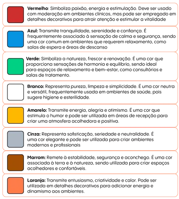 decoração clínica odontológica. descrição das cores vermelho, azul, verde, branco, amarelo, cinza, marrom e laranja.