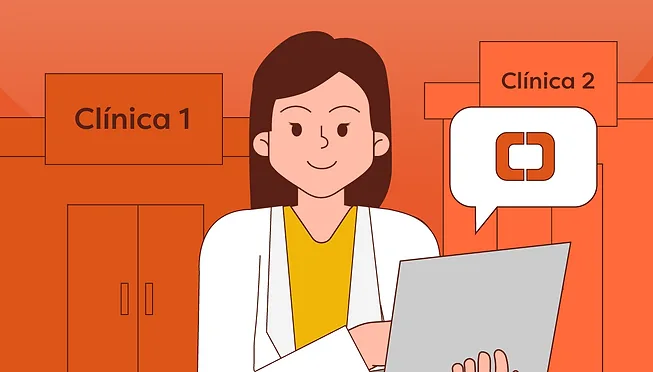 Multiclínicas: imagem ilustrativa de uma dentista com um computador na mão, com o sistema do Clinicorp aberto nele.