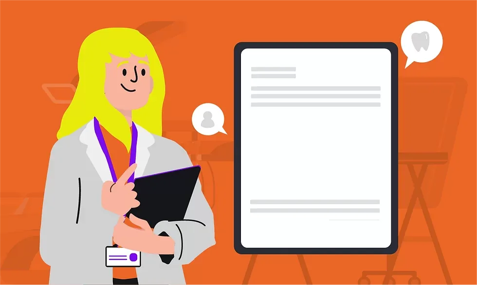 Prescrição odontológica em receita digital dentista: imagem ilustrada de dentista prescrevendo uma receita online.
