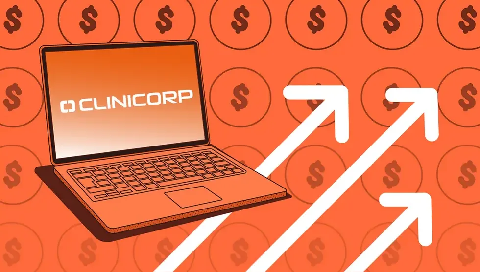 Gestão lucrativa: imagem ilustrada do logo da Clinicorp na tela de um notebook.