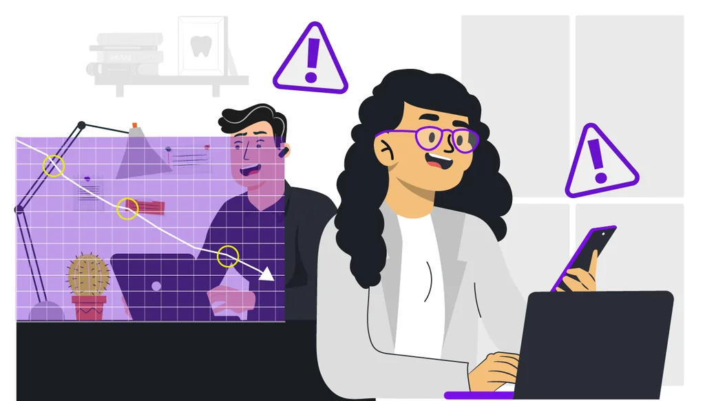 Ilustração de equipe analisando dados financeiros em clínica odontológica para redução da inadimplência.