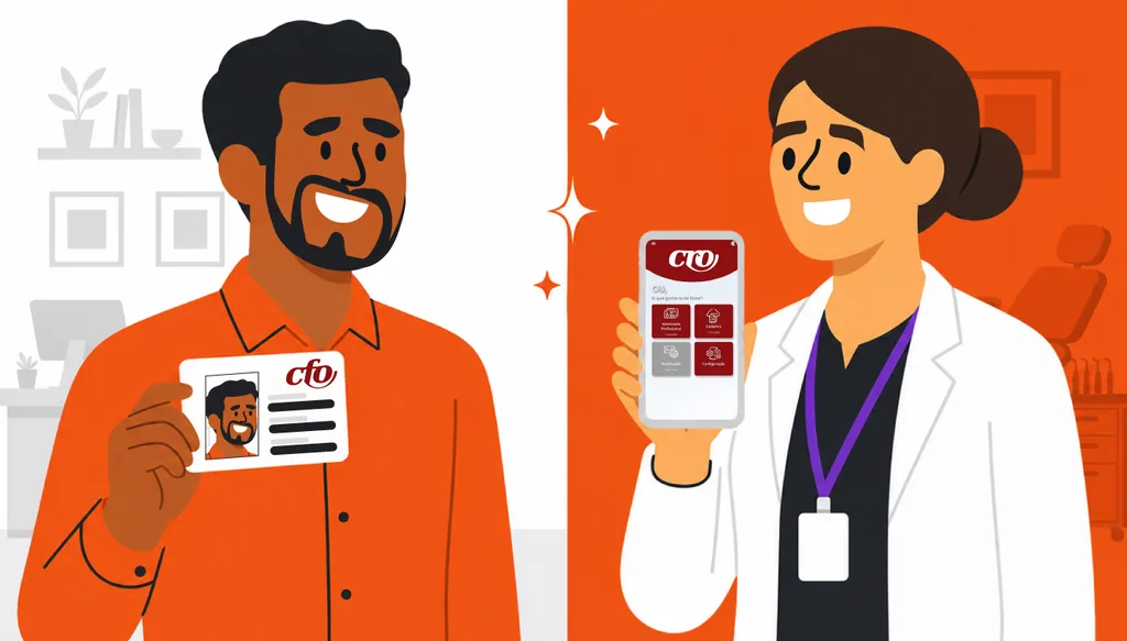 Imagem ilustrativa da diferença entre CFO e CRO: um homem segura uma carteira de identificação profissional com o selo do CFO, enquanto uma dentista de jaleco branco mostra no celular a tela de um aplicativo do CRO.