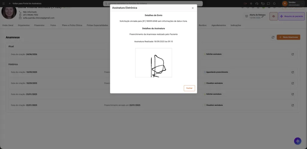 Tela "Assinatura Eletrônica" do software odontológico Clinicorp.
