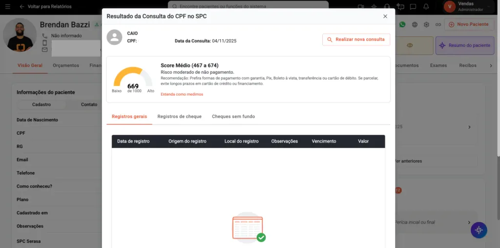 Tela da consulta do CPF no SPC dentro do sistema