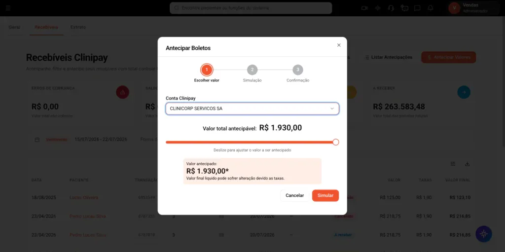 Tela da antecipação de recebíveis em boletos dentro da Clinipay.