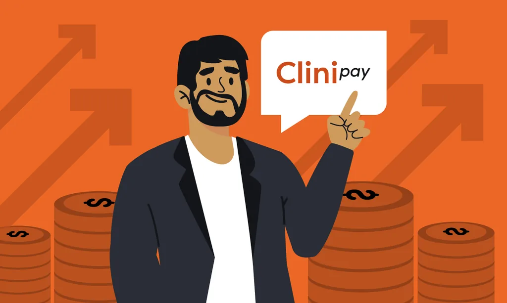 Ilustração de um dentista sorridente fazendo sinal de positivo ao lado de um balão de fala com o logo da Clinipay, com moedas e setas de crescimento ao fundo, representando a plataforma financeira do Clinicorp.