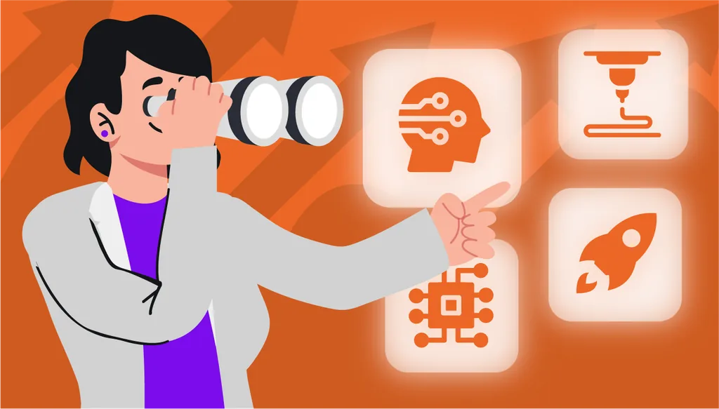 Ilustração de uma profissional observando o futuro com binóculos, apontando para ícones de tecnologia, inovação, inteligência artificial e crescimento, representando as principais tendências para clínicas de odontologia.
