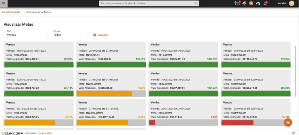 Tela de metas do sistema/software odontológico Clinicorp.