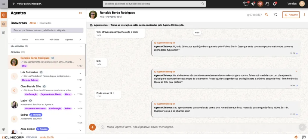 Tela de Agentes Clinicorp IA do sistema/software odontológico Clinicorp.