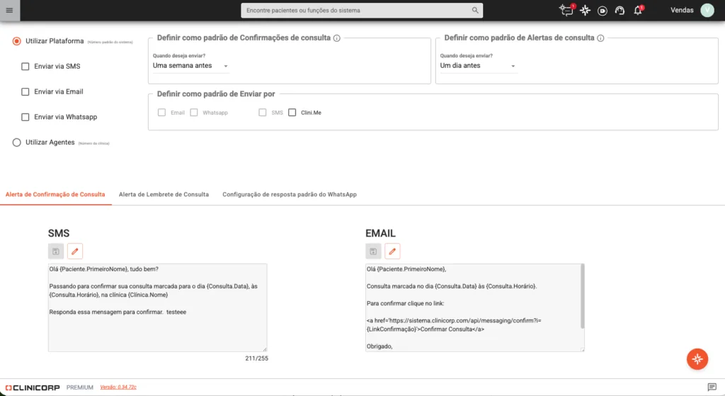 Tela da aba de configuração das Confirmações Automáticas e Alertas de Retorno do sistema/software odontológico Clinicorp.