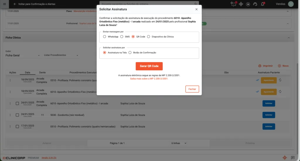 Tela de solicitação de assinatura do sistema/software odontológico Clinicorp.
