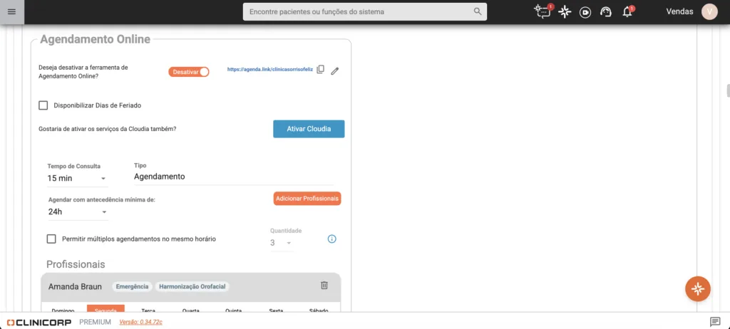 Tela da aba de link de ferramenta agendamento online do sistema/software odontológico Clinicorp.
