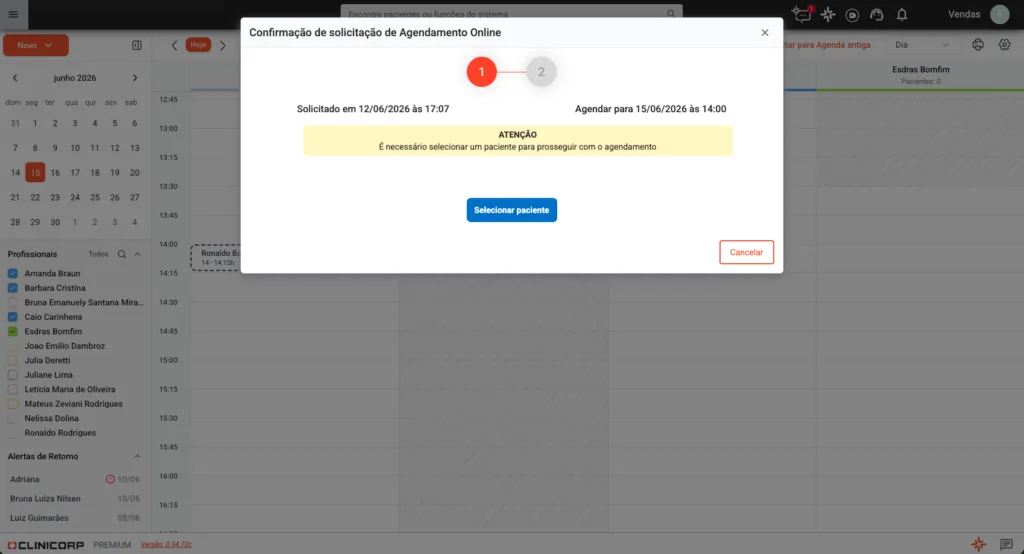 Tela de solicitação de agendamento online por paciente do sistema/software odontológico Clinicorp.