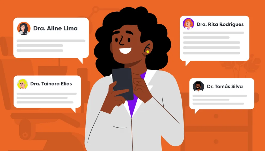 Ilustração de dentista sorrindo segurando o celular, cercada por balões de conversa com nomes de outras dentistas, representando frases de dentista trocadas com pacientes pelo WhatsApp.