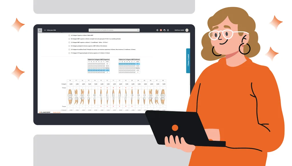 Dentista utilizando a funcionalidade de ficha ortodôntica do software Clinicorp para gestão e acompanhamento de tratamentos.