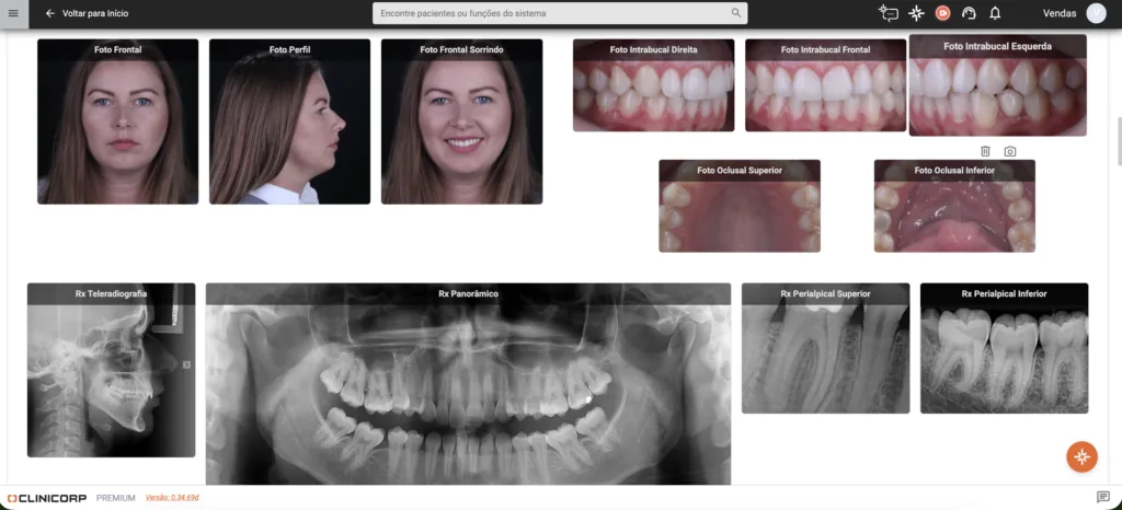 Ficha Ortodôntica do Clinicorp com galeria de fotografias faciais, imagens intraorais e exames radiográficos utilizados para diagnóstico e planejamento ortodôntico.