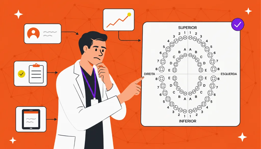 Ilustração de dentista analisando odontograma digital com dados do paciente, histórico clínico e gráfico de crescimento ao lado.