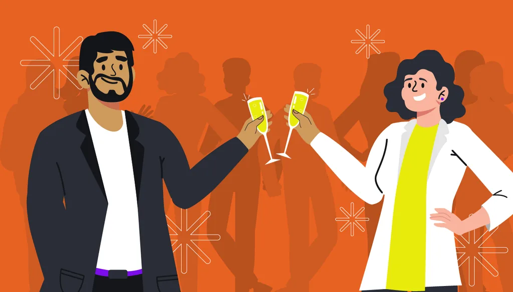 Festas de fim de ano: imagem ilustrada de gestores de clínica brindando durante uma confraternização.