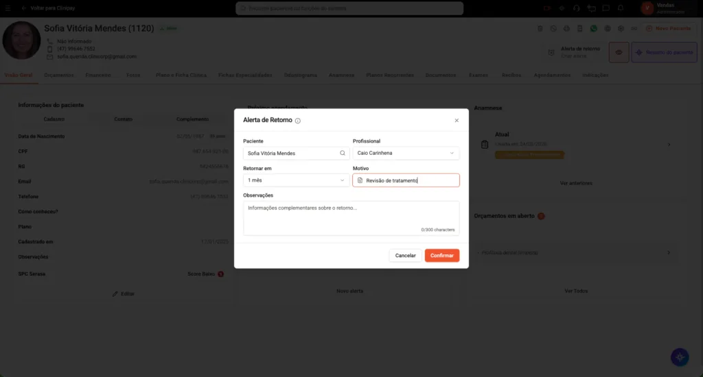 Tela de "Alertas de Retorno" do software odontológico Clinicorp.