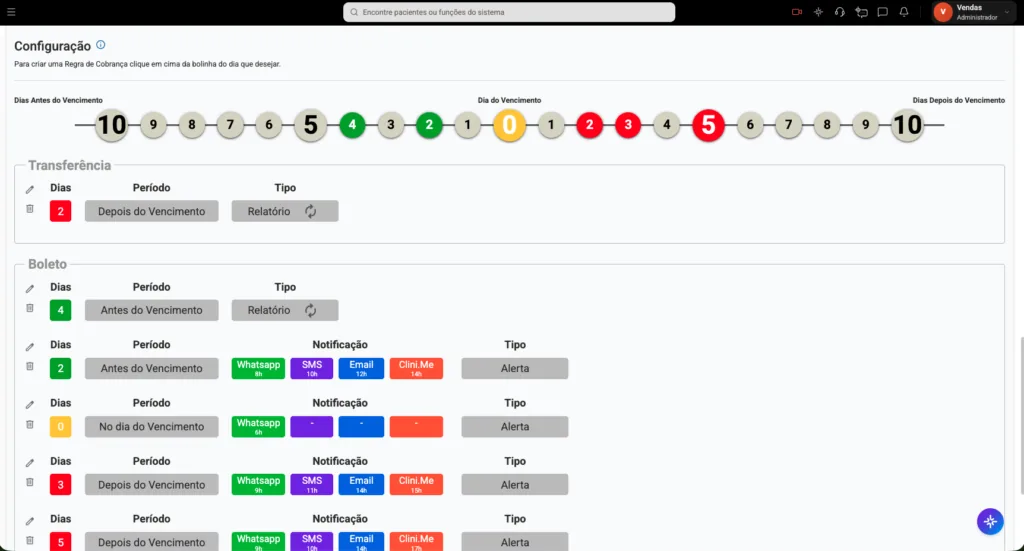 Tela de régua de cobrança do software odontológico Clinicorp.