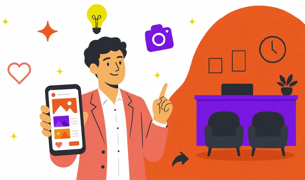 Imagem ilustrativa de marketing para dentistas, mostrando profissional segurando smartphone com conteúdo de redes sociais e consultório odontológico ao fundo.