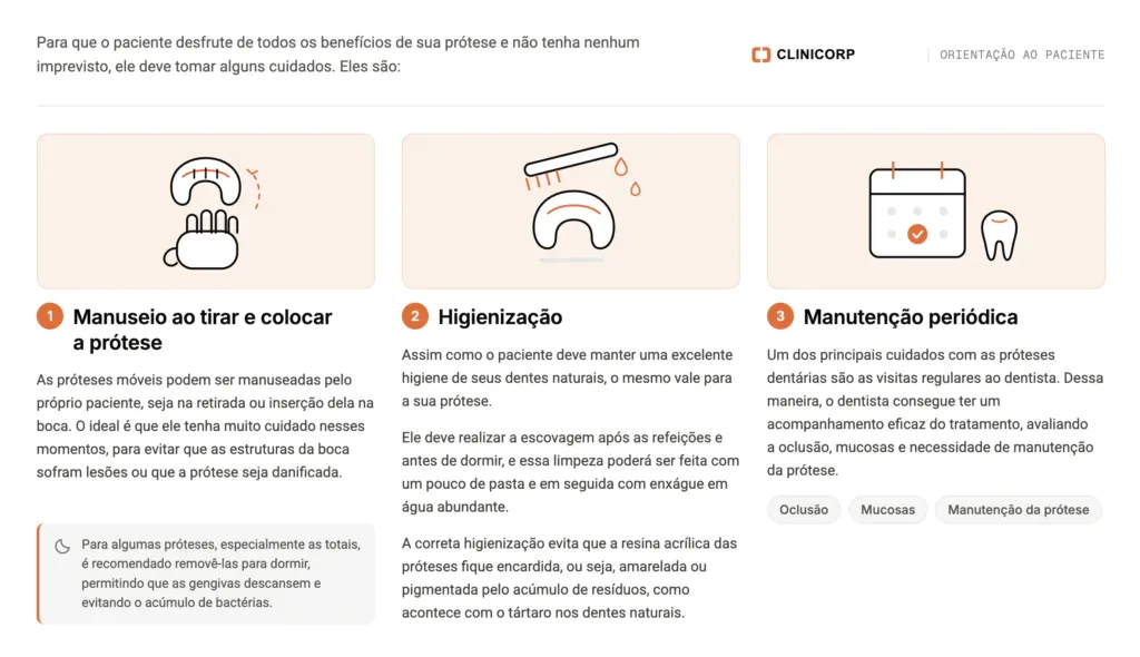 Principais cuidados com a prótese dentária.