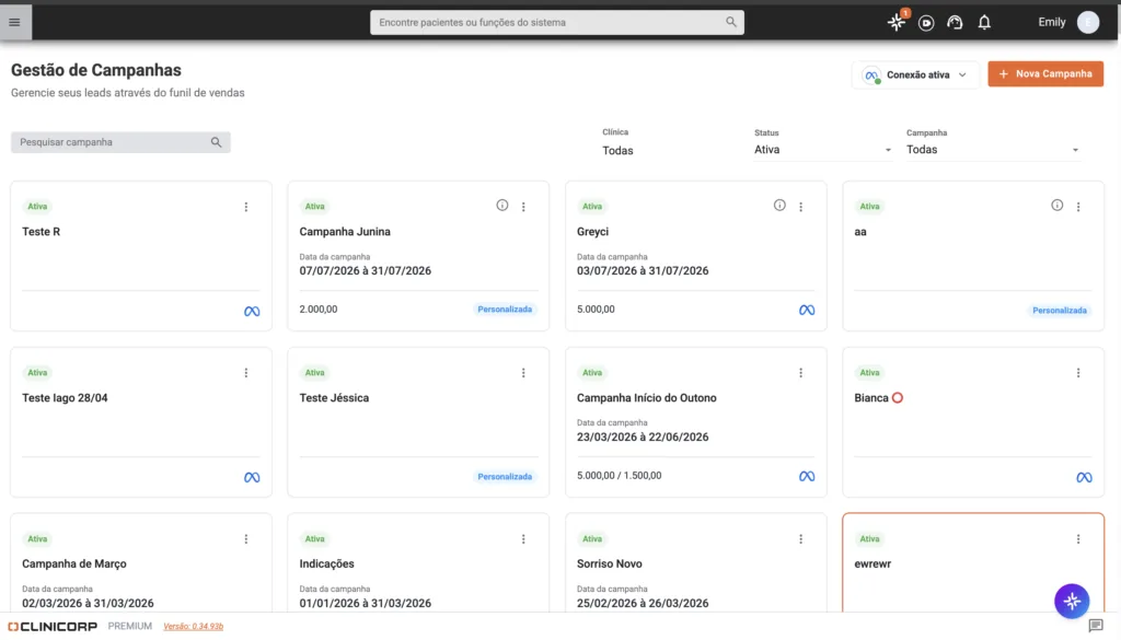 Imagem do CRM integrado do software odontológico Clinicorp, exibindo o painel de Gestão de Campanhas com campanhas ativas, datas, metas e status e ferramenta para acompanhar leads gerados pelo marketing para dentistas.