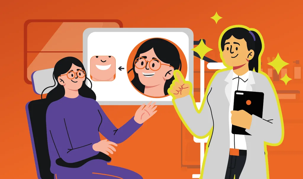 Ilustração de um atendimento odontológico com uma paciente sentada na cadeira conversando com uma dentista de jaleco branco, ao fundo uma tela mostrando a transformação do sorriso da paciente.