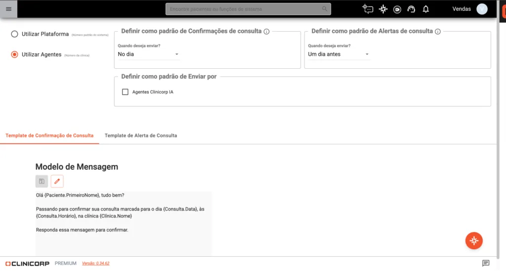 Atendimento odontológico: tela de configuração de mensagens de confirmação de consultas dentro do sistema Clinicorp.