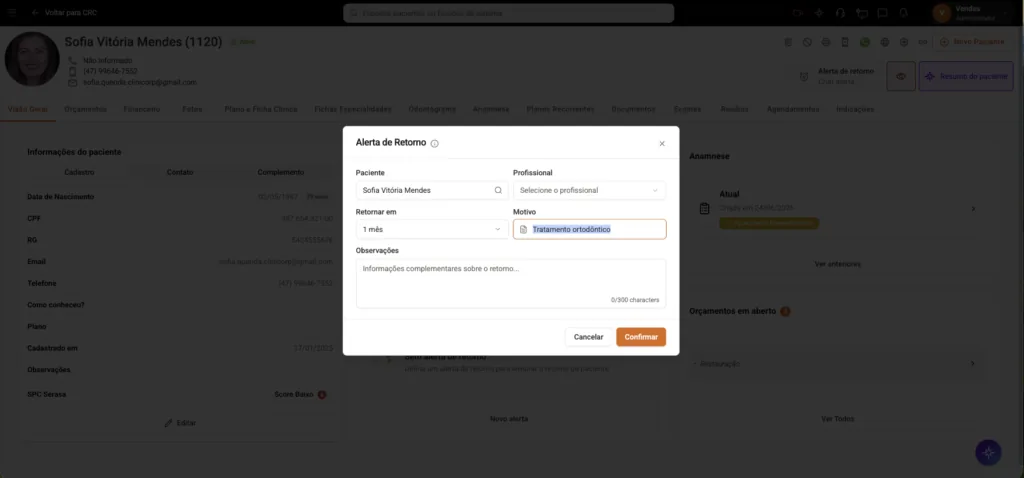 Tela "Alertas de Retorno" do software odontológico Clinicorp para tratamento ortodôntico.