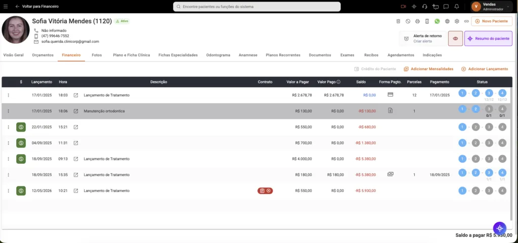 Tela "Financeiro do paciente" do software odontológico Clinicorp para tratamento ortodôntico.