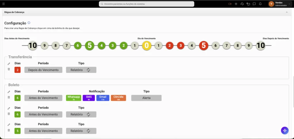 Tela "Régua de cobrança" do software odontológico Clinicorp para tratamento ortodôntico.