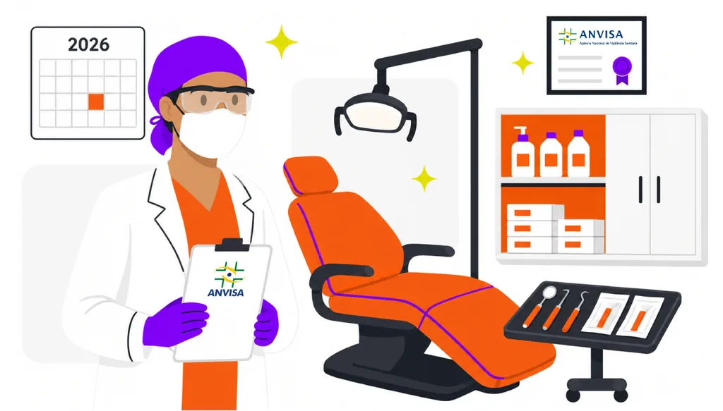 Imagem ilustrativa de normas da ANVISA para consultório odontológico, mostrando dentista com jaleco e óculos de proteção segurando prancheta com o selo da ANVISA, ao lado de cadeira odontológica, mocho, bandeja de instrumentos e armário com itens de biossegurança.
