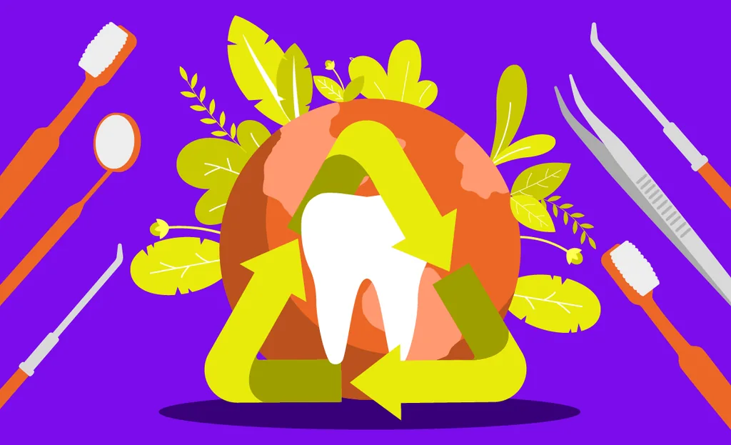 Sustentabilidade na odontologia: imagem ilustrativa de dente junto ao símbolo da reciclagem e ao desenho do planeta Terra.