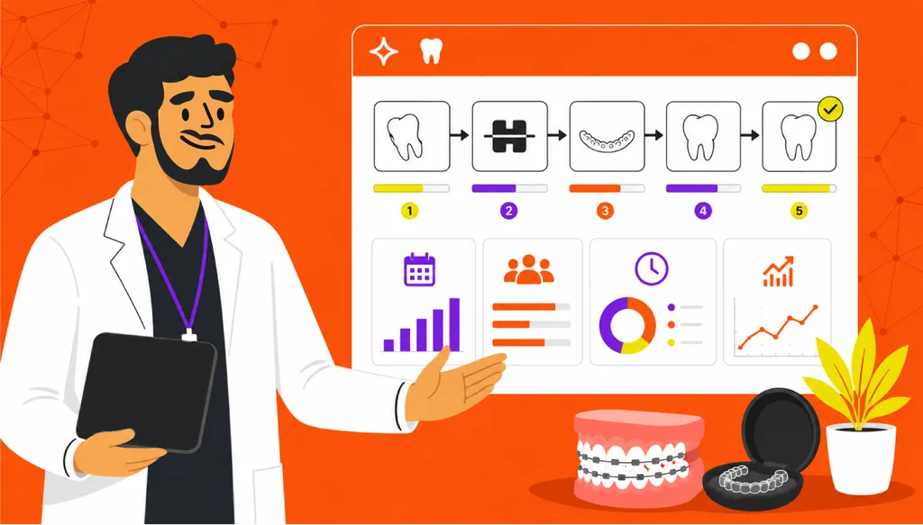 Imagem ilustrativa de tratamento ortodôntico, mostrando paciente sorrindo durante consulta odontológica.